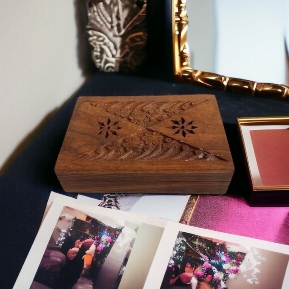Vintage Brown Wooden Jewelry Box Hand Carved 4x1.5x6" Trinket Storage Keepsake